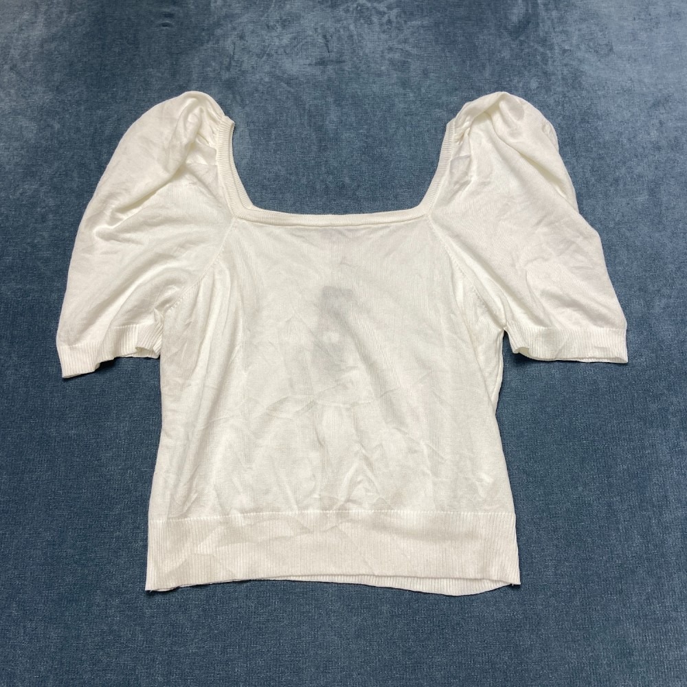 Talent Blouse Top Womens 3XL Ivory Square Neck Puff Sleeve Ribbed Hem Pullover